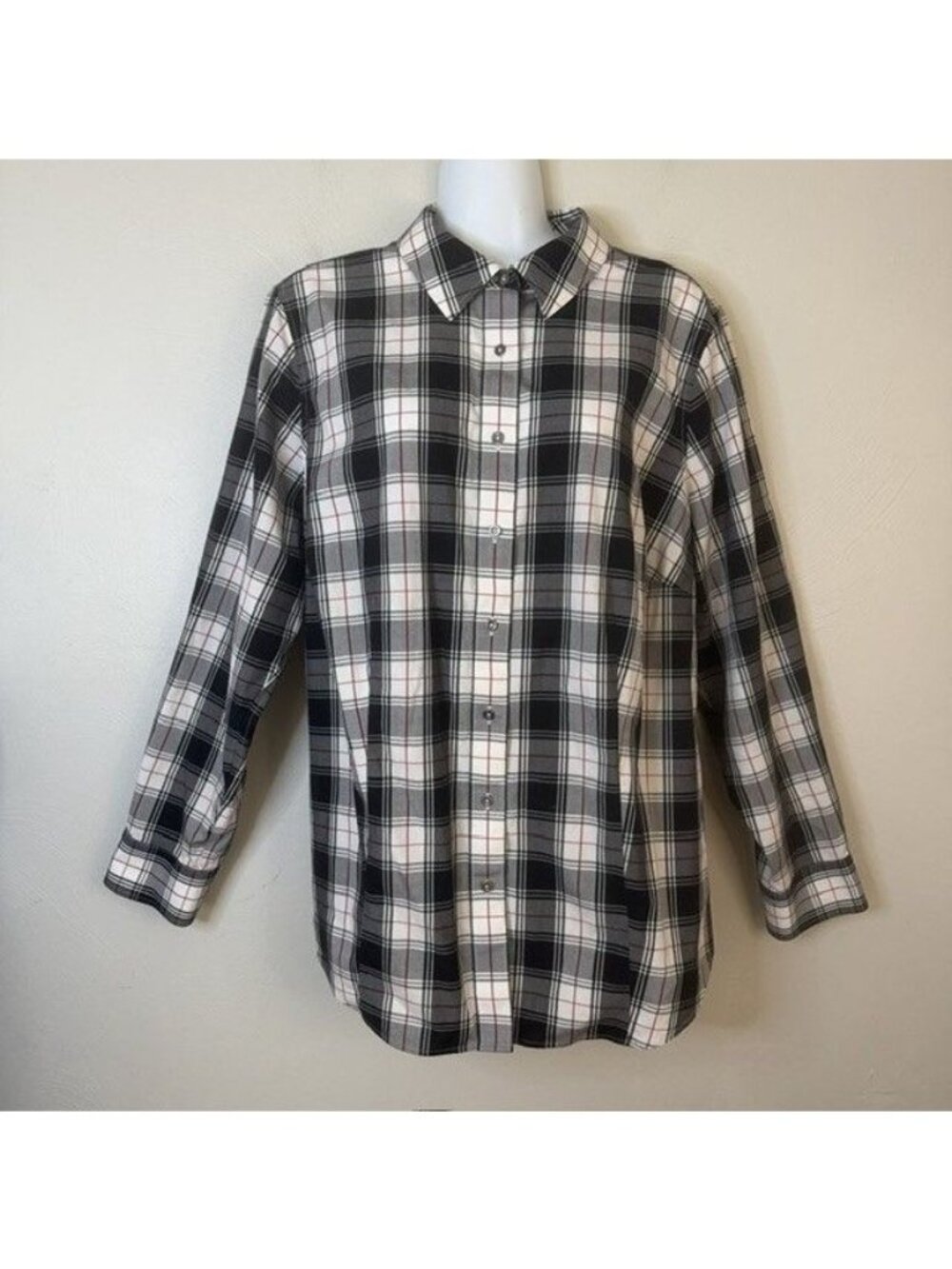 Talbots Button Up Classic Black Check Non Iron Shirt 14W Plus size Office Preppy
